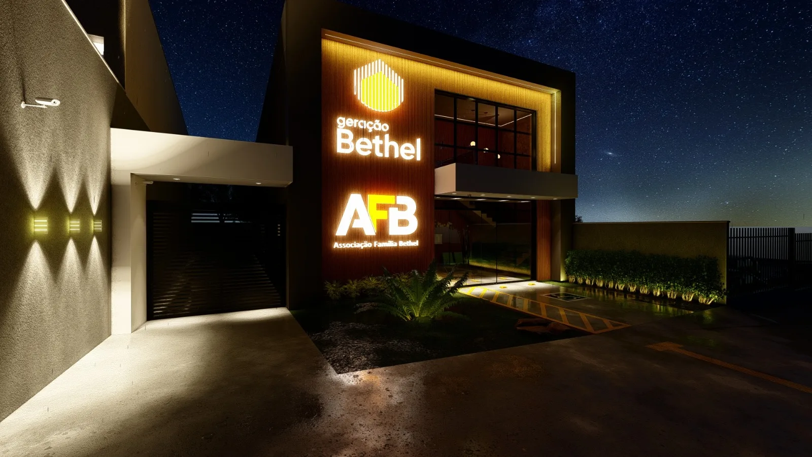 Letreiro luminoso da Associação Família Bethel e Geração Bethel à noite