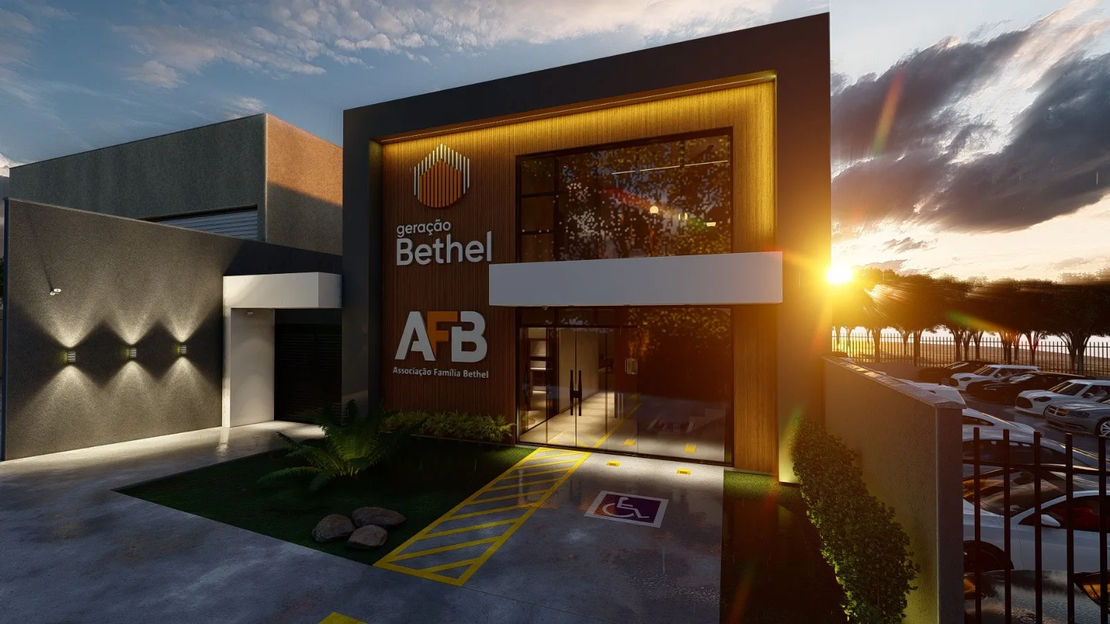 Fachada externa da nova sede da AFB ao pôr do sol
